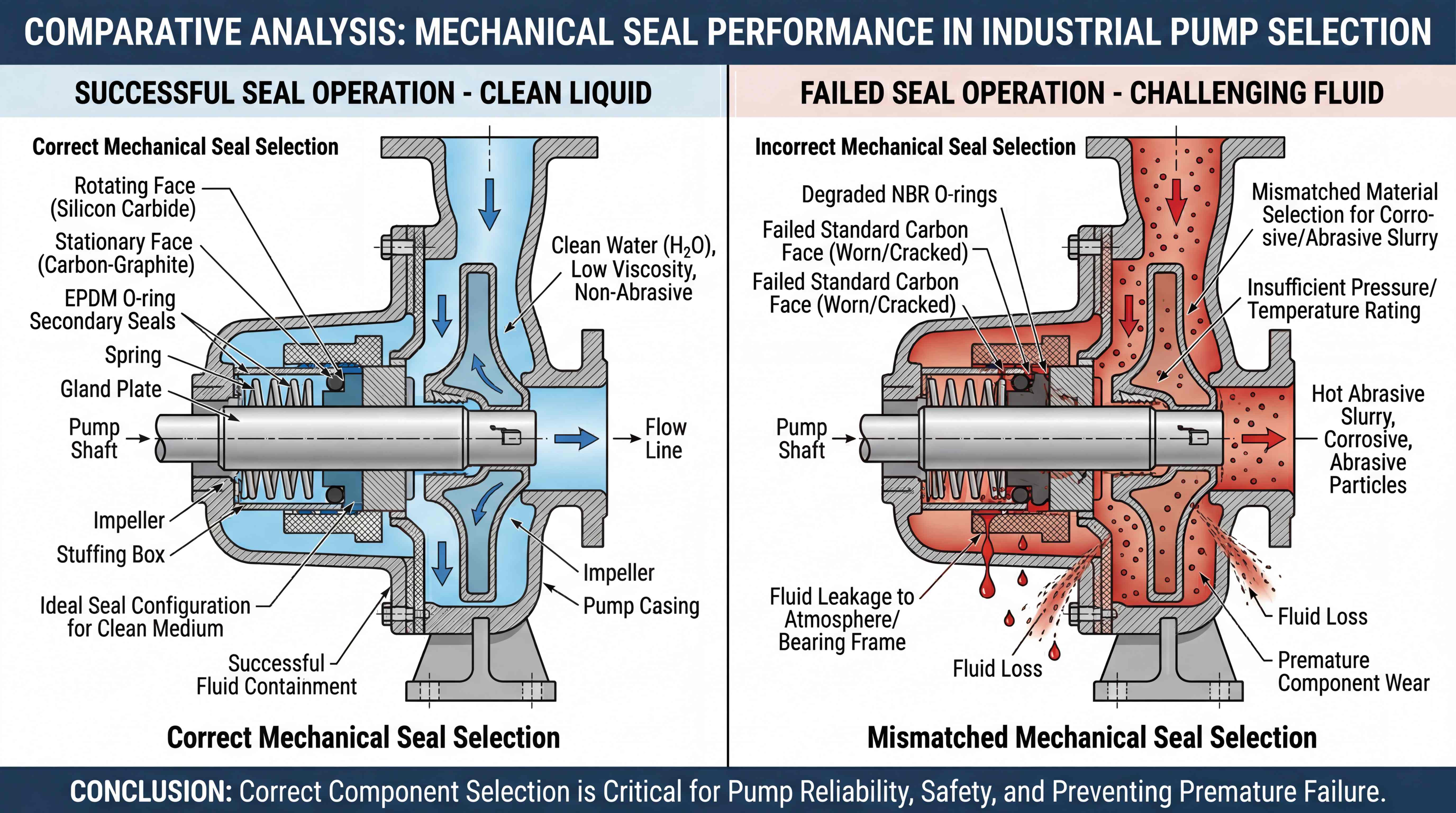 Comparative diagram showing correct and mismatched mechanical seal selection in industrial pump applications with clean liquid and abrasive slurry conditions